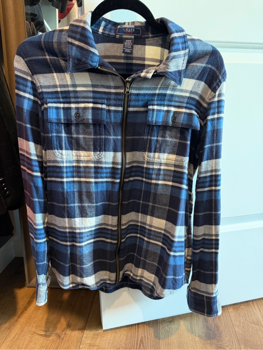 Chaps Navy and White Plaid Zip-Up Flannel Shirt